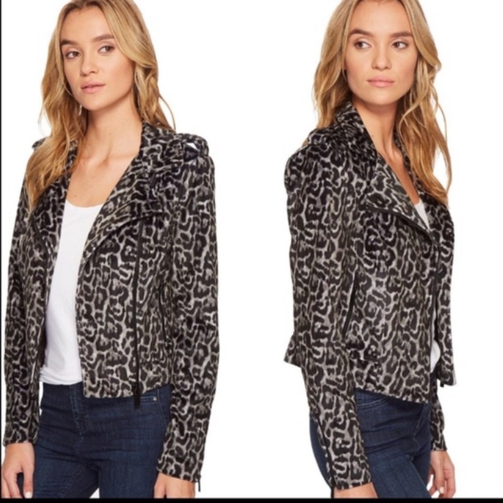 Romeo & Juliet Couture Black and Gray Leopard Print Leather Jacket